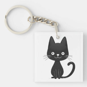 Simple Black Cat Illustration Cute Kawaii Cat Key Ring
