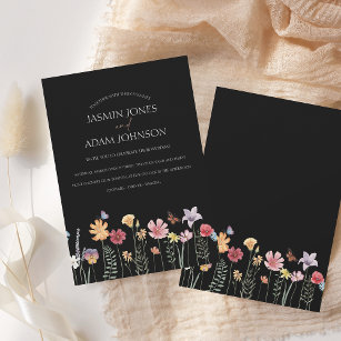 Simple Black Colourful Wildflower Floral Wedding Invitation