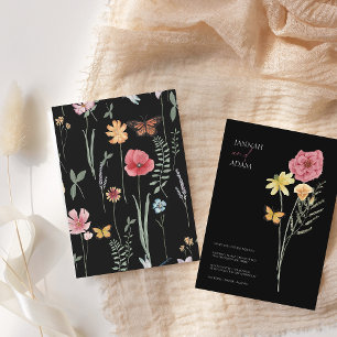 Simple Black Colourful Wildflower Floral Wedding Invitation