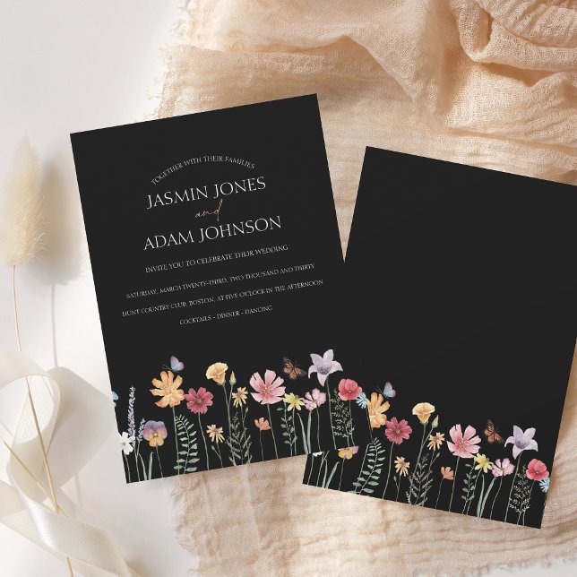 Simple Black Colourful Wildflower Floral Wedding Invitation (Creator Uploaded)