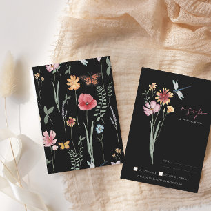 Simple Black Colourful Wildflower Floral Wedding RSVP Card