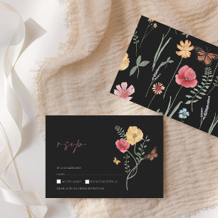 Simple Black Colourful Wildflower Floral Wedding RSVP Card