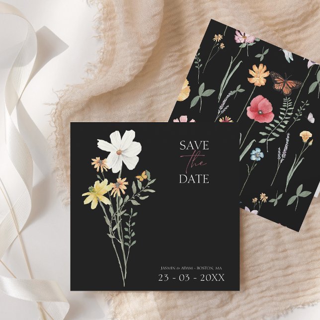 Simple Black Colourful Wildflower Floral Wedding Save The Date (Creator Uploaded)