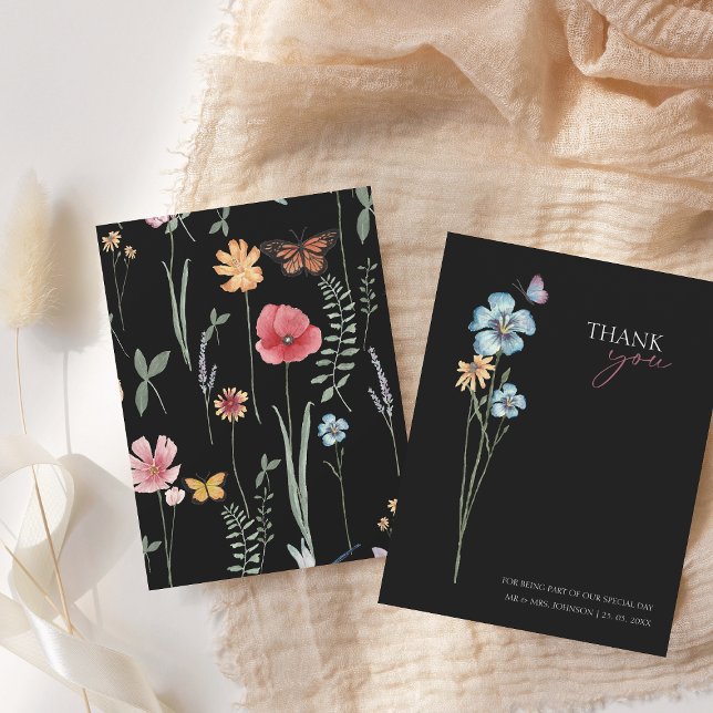 Simple Black Colourful Wildflower Floral Wedding Thank You Card (Creator Uploaded)