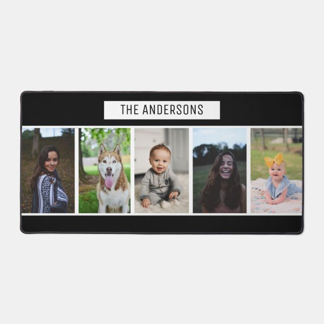 Simple Black Custom Family five Photo Collage Desk Mat (Front)