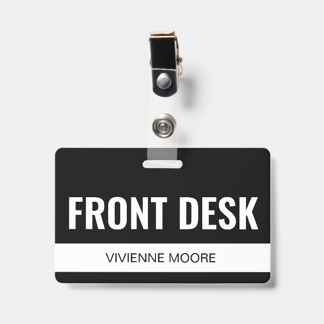 Simple Black Custom Hotel Front Desk Employee ID Badge (Front with Clip)