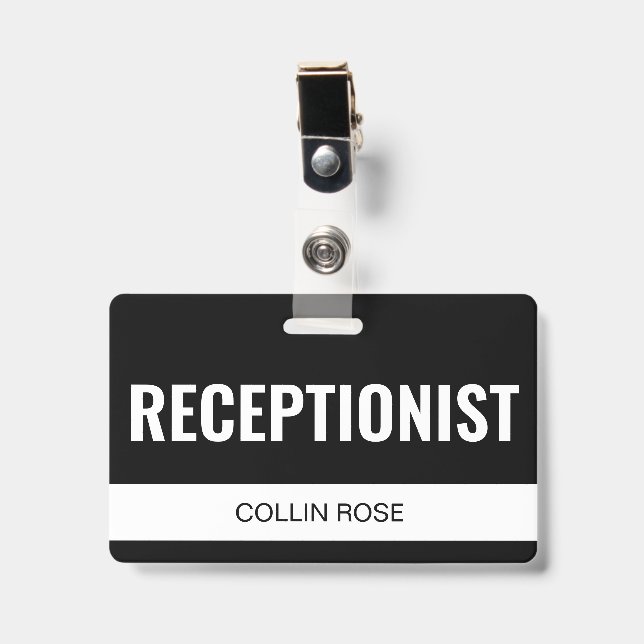 Simple Black Custom Hotel Receptionist Employee ID Badge (Front with Clip)