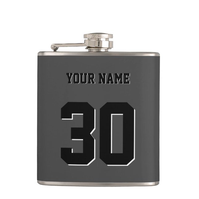 Simple Black Custom Number and Name Hip Flask (Front)