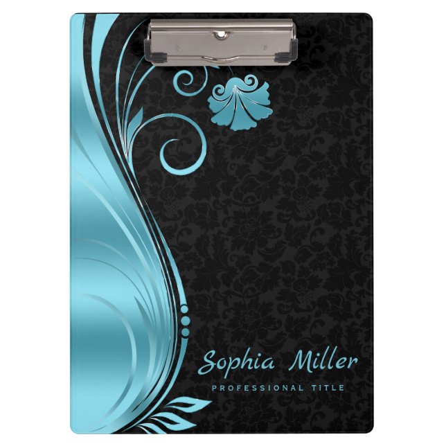 Simple Black Damask Blue Swirl Clipboard (Front)