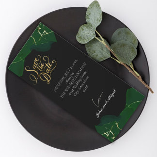 Simple black elegant green and gold wedding invitation