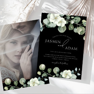 Simple Black Eucalyptus Photo Wedding Invitation