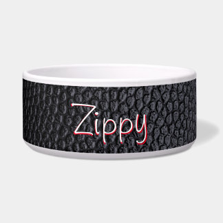 Simple Black Faux Leather Name Ceramic Pet Bowl