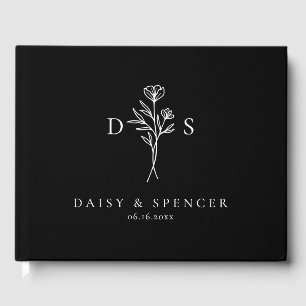 Simple Black Floral Monogram Wedding Guest Book