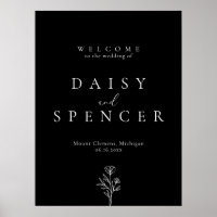 Simple Black Floral Outline Wedding Welcome Poster