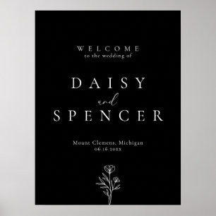 Simple Black Floral Outline Wedding Welcome Poster