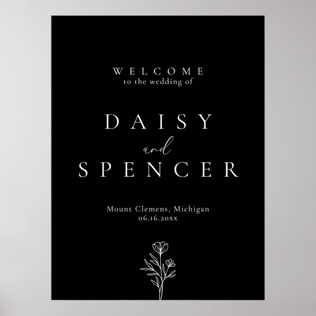 Simple Black Floral Outline Wedding Welcome Poster (Front)