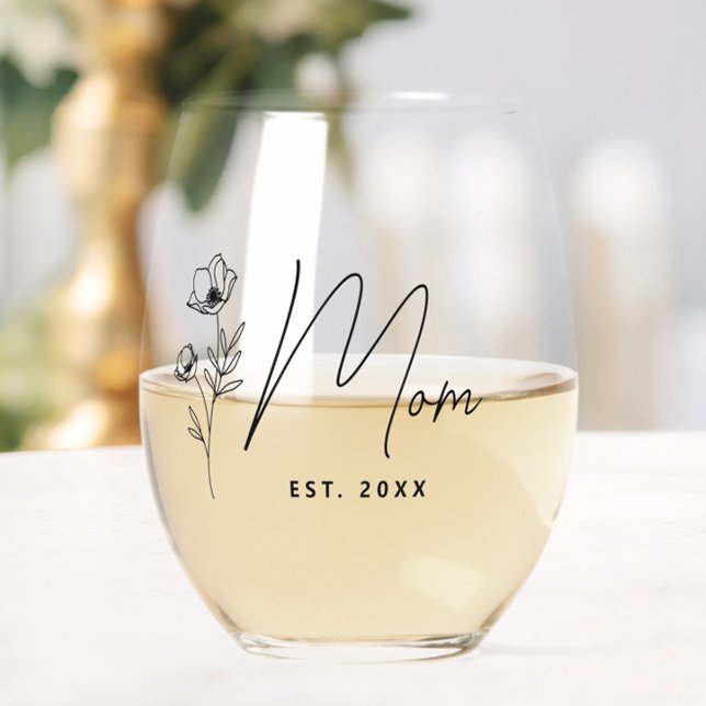 Simple Black Floral Personalised Mum Stemless Wine Glass (Elegant New Mom Floral Wine Glass, Mother's Day Gift, Est. 2025, Modern, Script, Baby Shower )
