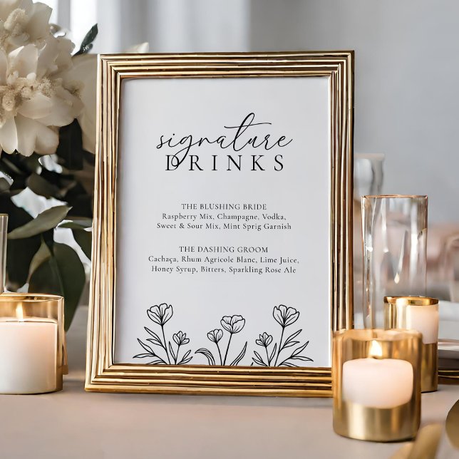 Simple Black Floral Wedding Signature Drinks Sign (Creator Uploaded)