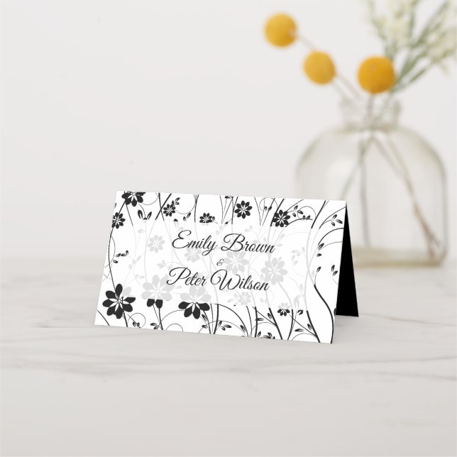 Simple Black Flowers Place Card (Back)