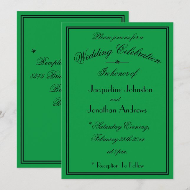 Simple Black Font Details Emerald Green Wedding Invitation (Front/Back)