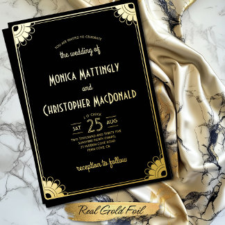 Simple Black Gold Art Deco Retro Floral Wedding