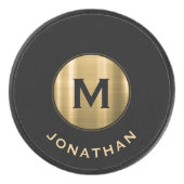 Simple Black Gold Classic Monogram Name Hockey Puck (Front)