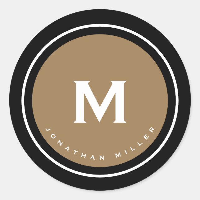 Simple Black Gold Classic Monogram Round Sticker (Front)