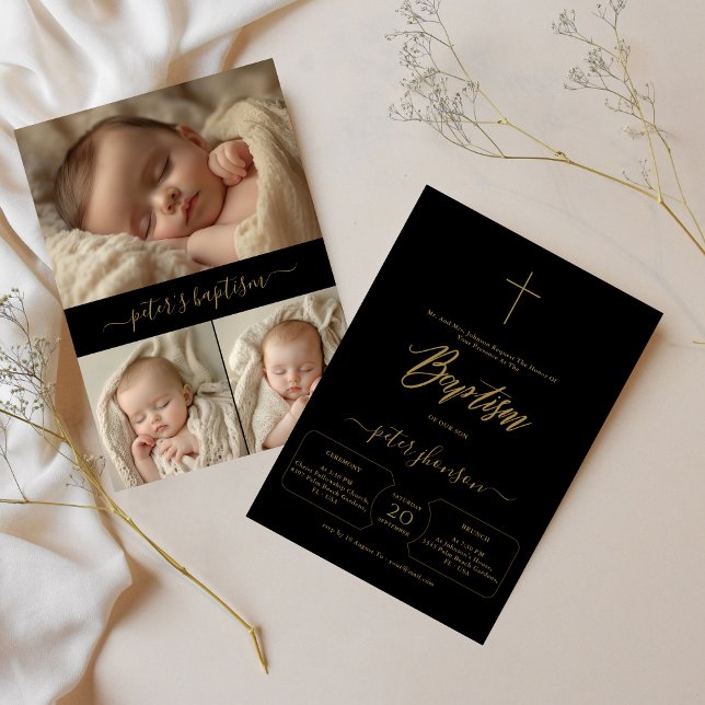 Simple Black & Gold Gender Neutral Photo Baptism Invitation (Creator Uploaded)
