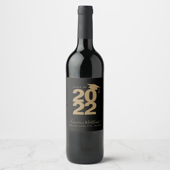 Simple Black & Gold Graduation Wine Label (Front)