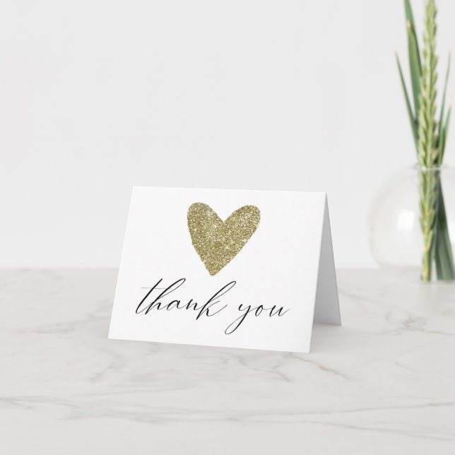 Simple black gold heart elegant script thank you card (Front)