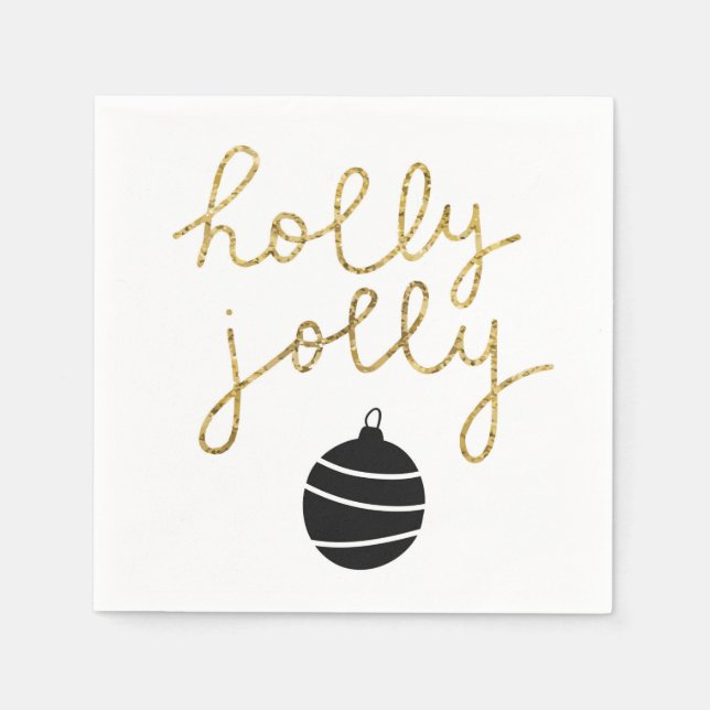 Simple black gold holly jolly Christmas ornament  Napkin (Front)