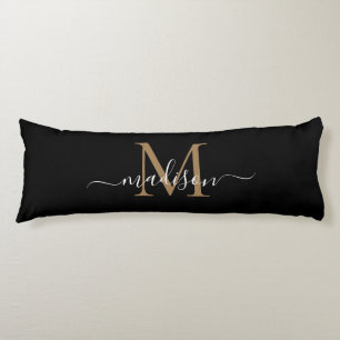 Simple Black Gold Monogram Elegant Feminine Script Body Cushion