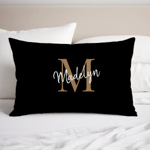 Simple Black Gold Monogram Elegant Feminine Script Pillowcase