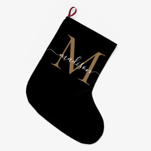 Simple Black Gold Monogram Elegant Girly Script Large Christmas Stocking