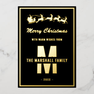Simple Black Gold Monogram Family Name Christmas