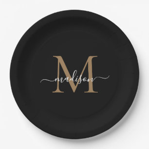 Simple Black Gold Monogram Feminine Script Name Paper Plate