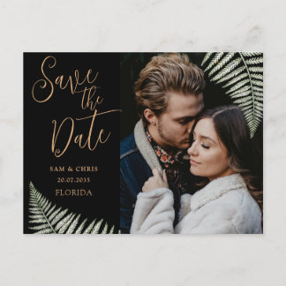 Simple Black & Gold Photo Fern Save the Date Announcement Postcard
