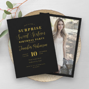 Simple Black & Gold Photo SURPRISE Sweet 16   Invitation