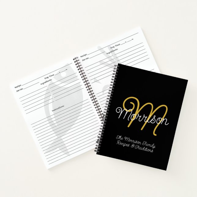 Simple Black & Gold  Retro Script Monogram Recipe Notebook (Inside)