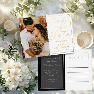 Simple Black & Gold Save the Date Wedding Foil Holiday Postcard