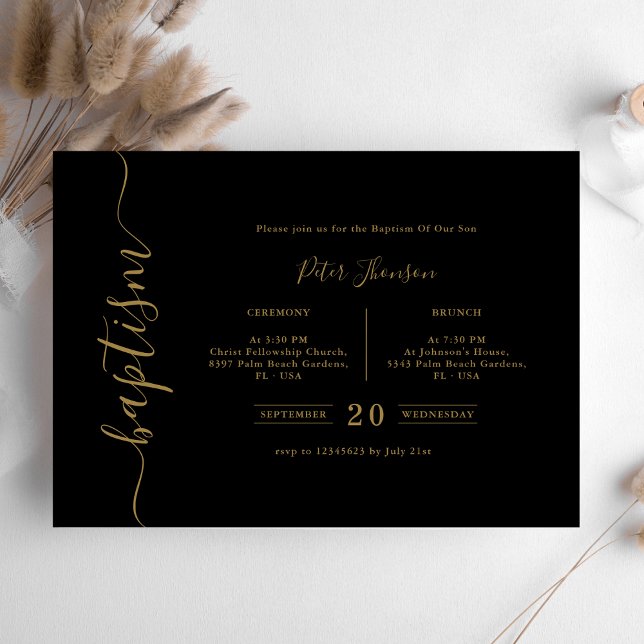 Simple Black & Gold Script Baptism Gender Neutral Invitation (Creator Uploaded)