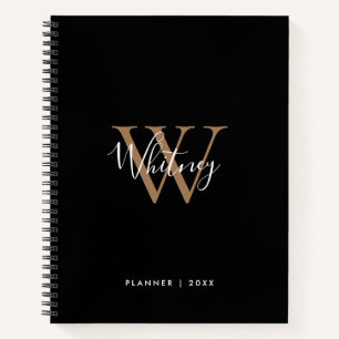 Simple Black Gold Script Monogram Name Notebook