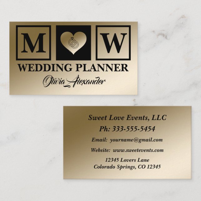 Simple Black Gold Wedding Planner Business Card (Front/Back)