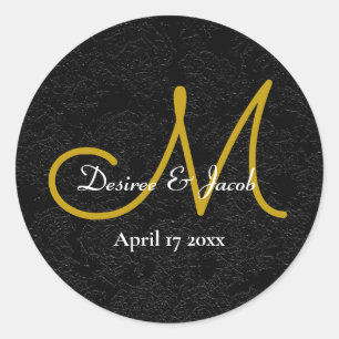 Simple Black Gold White Elegant Wedding Monogram Classic Round Sticker