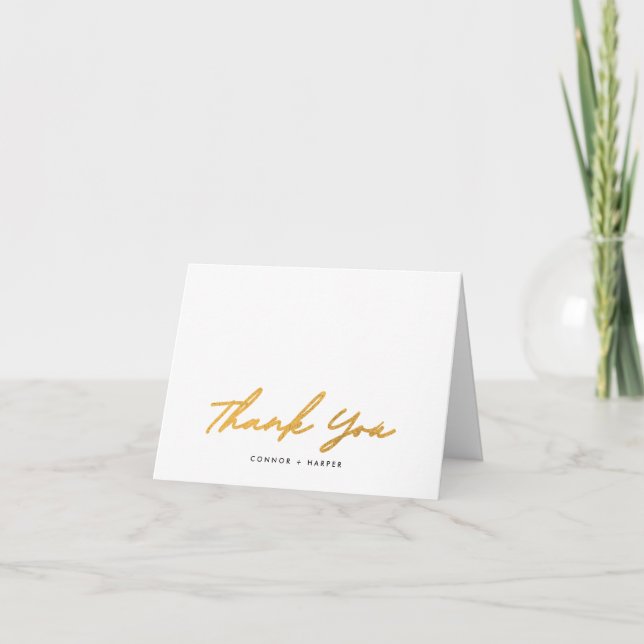 Simple Black Gold White Modern Text Photo Wedding Thank You Card (Front)
