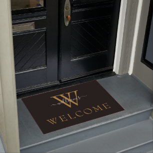 Simple Black Gold White Script Monogram Welcome Doormat
