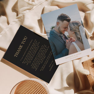 Simple Black Gold With Photo Wedding Thank You Card