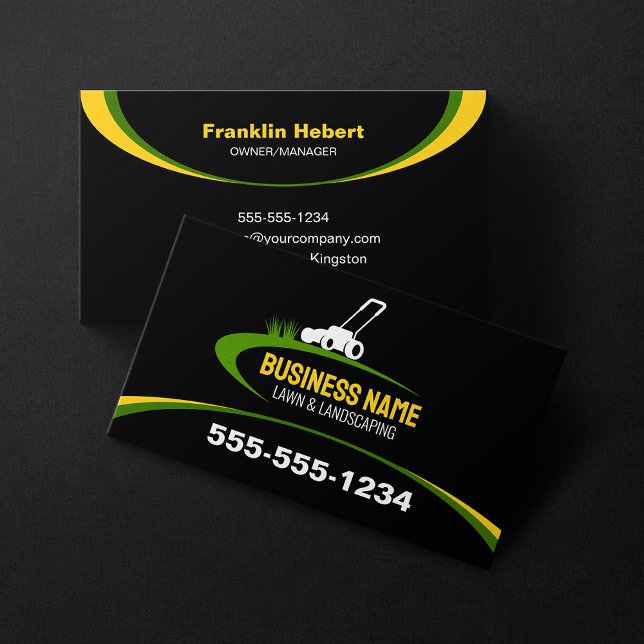 Simple Black Green Yellow Lawn Landscaping Mowing Business Card (Creator Uploaded)