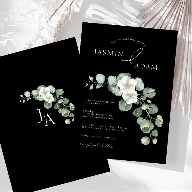 Simple Black Greenery Eucalyptus Monogram Wedding Invitation (Simple Black Greenery Eucalyptus Monogram Wedding Invitation)