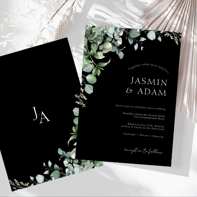 Simple Black Greenery Eucalyptus Monogram Wedding Invitation (Simple Black Greenery Eucalyptus Monogram Wedding Invitation)